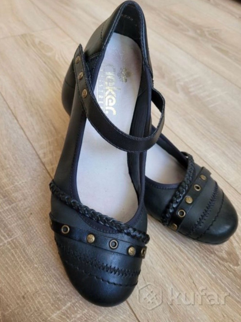 Rieker Black Braided Mary Jane Heels with Stud Accents